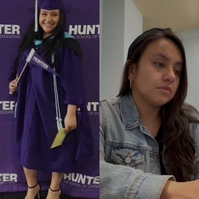 Side-by-side images of me graduating with a master’s in school counseling and later sitting at my desk looking unhappy.