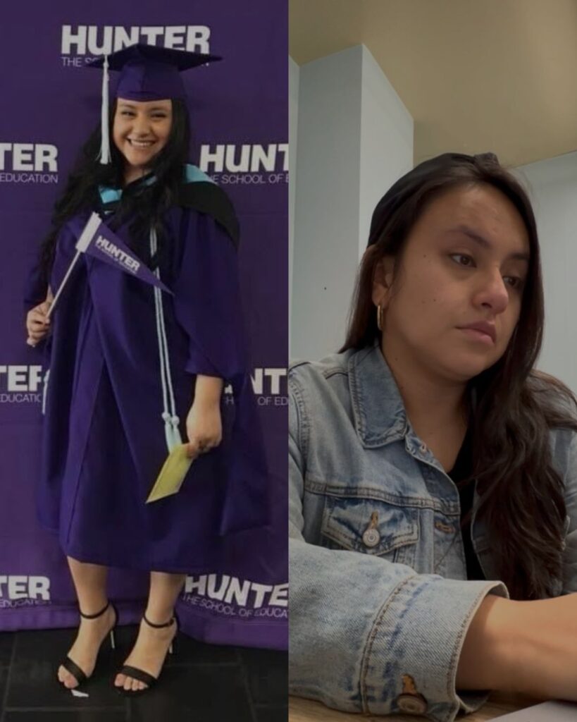 Side-by-side images of me graduating with a master’s in school counseling and later sitting at my desk looking unhappy.